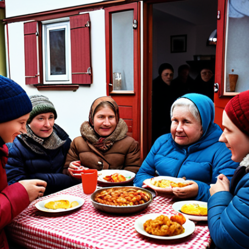 Home 4 **A cozy, bustling community event in a small Russian town. Focus on the sense of shared stories and local pride, with people gathered around sharing food and conversation.** (This captures the theme of local communities and stories that unite.)