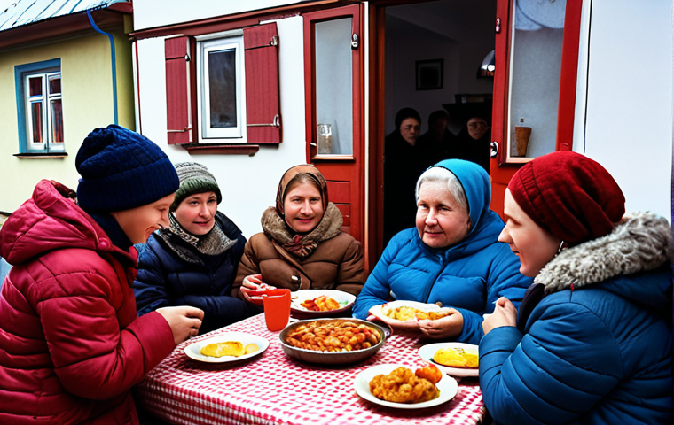**A cozy, bustling community event in a small Russian town. Focus on the sense of shared stories and local pride, with people gathered around sharing food and conversation.** (This captures the theme of local communities and stories that unite.)