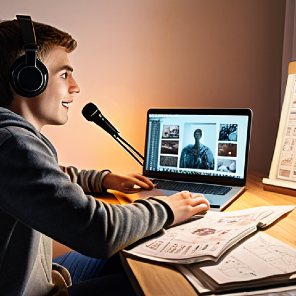 **A young, enthusiastic freelancer storyteller sitting at a desk, illuminated by a laptop screen, surrounded by notes and a microphone. The scene should evoke a sense of starting a creative journey in a modern Russian apartment.**