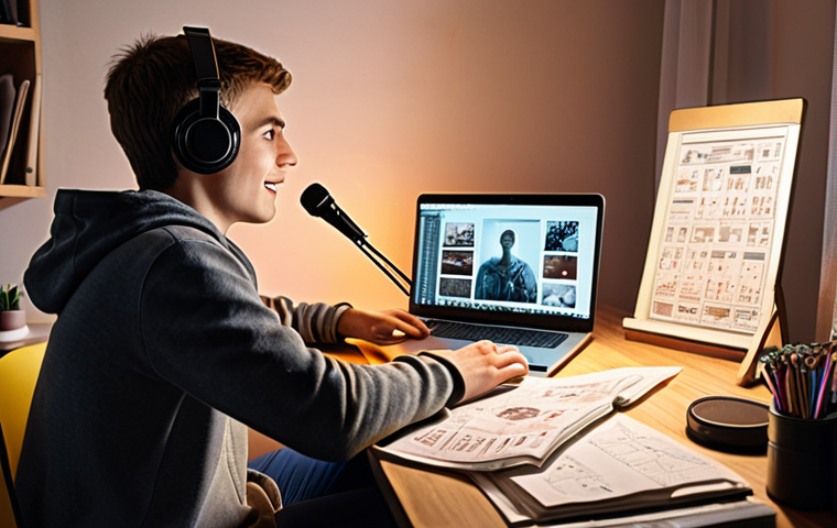 **A young, enthusiastic freelancer storyteller sitting at a desk, illuminated by a laptop screen, surrounded by notes and a microphone. The scene should evoke a sense of starting a creative journey in a modern Russian apartment.**