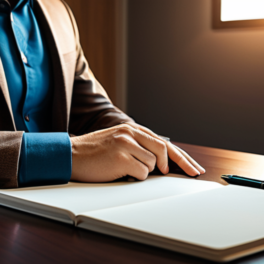 A professional male or female storyteller, in modest business attire, sitting thoughtfully at a sleek desk in a modern, warm-toned office. Soft, ambient lighting creates an inviting atmosphere. The individual is in a natural pose, looking reflective, with a subtle abstract light gently swirling around, symbolizing empathy and human connection. A notebook and pen are neatly placed on the desk. This image features perfect anatomy, correct proportions, well-formed hands, and proper finger count, ensuring natural body proportions. It is safe for work, appropriate content, fully clothed, and professional, rendered with high-quality photography.