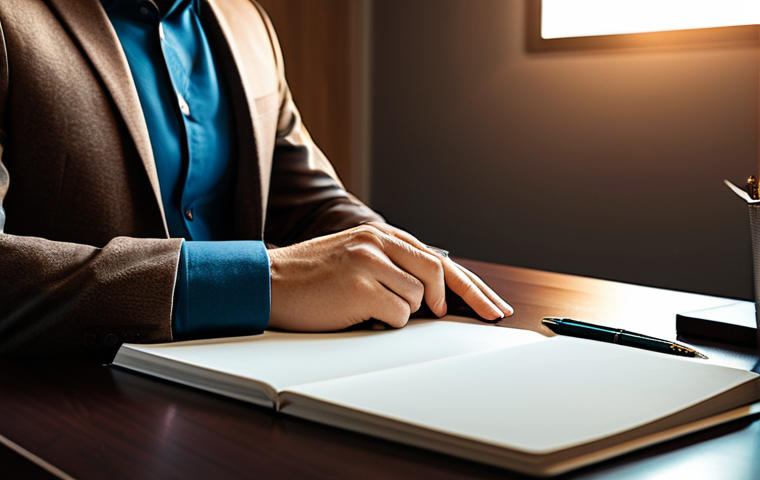 A professional male or female storyteller, in modest business attire, sitting thoughtfully at a sleek desk in a modern, warm-toned office. Soft, ambient lighting creates an inviting atmosphere. The individual is in a natural pose, looking reflective, with a subtle abstract light gently swirling around, symbolizing empathy and human connection. A notebook and pen are neatly placed on the desk. This image features perfect anatomy, correct proportions, well-formed hands, and proper finger count, ensuring natural body proportions. It is safe for work, appropriate content, fully clothed, and professional, rendered with high-quality photography.