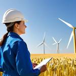 **

"A professional female engineer, fully clothed in a practical, modest jumpsuit and safety helmet, inspecting a large wind turbine in a vast, golden wheat field under a bright, sunny sky. Safe for work, appropriate content, perfect anatomy, correct proportions, natural pose, professional photography, high quality. Focus on competence and environmental responsibility. Serene, professional, and family-friendly. Dramatic lighting, cinematic composition."

**