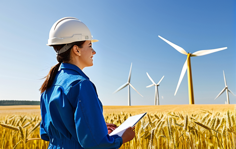 **

"A professional female engineer, fully clothed in a practical, modest jumpsuit and safety helmet, inspecting a large wind turbine in a vast, golden wheat field under a bright, sunny sky. Safe for work, appropriate content, perfect anatomy, correct proportions, natural pose, professional photography, high quality. Focus on competence and environmental responsibility. Serene, professional, and family-friendly. Dramatic lighting, cinematic composition."

**