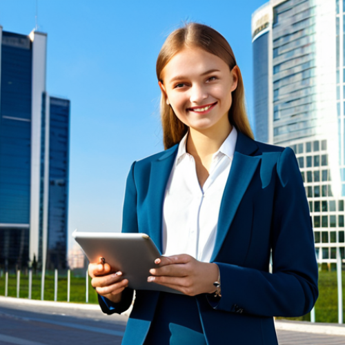 Home 28 **
A young, modern Russian businesswoman, fully clothed in a stylish, modest business suit (skirt suit is preferable), standing confidently in front of the Moscow City business district. She's holding a tablet, smiling slightly. Perfect anatomy, correct proportions, natural pose, well-formed hands, proper finger count. Bright, sunny day. Professional photography, high quality, safe for work, appropriate content, family-friendly, professional.
**