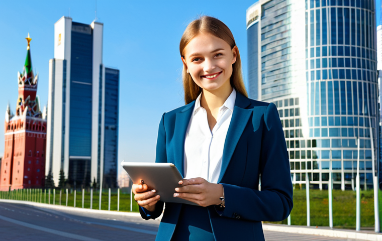 **

A young, modern Russian businesswoman, fully clothed in a stylish, modest business suit (skirt suit is preferable), standing confidently in front of the Moscow City business district.  She's holding a tablet, smiling slightly.  Perfect anatomy, correct proportions, natural pose, well-formed hands, proper finger count. Bright, sunny day. Professional photography, high quality, safe for work, appropriate content, family-friendly, professional.

**