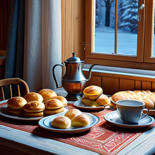 Home 15 **A cozy evening in a Russian dacha.** A wooden dacha interior, samovar on a table with traditional pastries (pirozhki, blini), family gathered around, warm light, snow outside the window, safe for work, appropriate content, fully clothed, professional, modest, perfect anatomy, natural proportions, high quality.