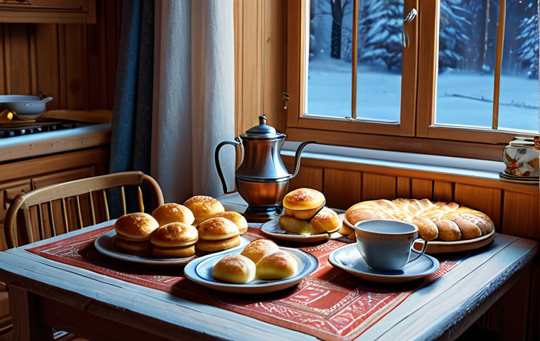 **A cozy evening in a Russian dacha.** A wooden dacha interior, samovar on a table with traditional pastries (pirozhki, blini), family gathered around, warm light, snow outside the window, safe for work, appropriate content, fully clothed, professional, modest, perfect anatomy, natural proportions, high quality.