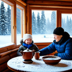 스토리텔러 직업의 만족도와 도전 과제 - **Image of a cozy winter scene in a Russian village:** A snow-covered Izba (traditional wooden house...