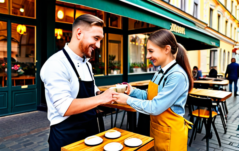 스토리텔러 실무에서의 창의적 문제 해결 사례와 전략 분석과 연구 - **A vibrant street cafe scene in Moscow, Russia, during golden hour. A fully clothed barista in a pr...