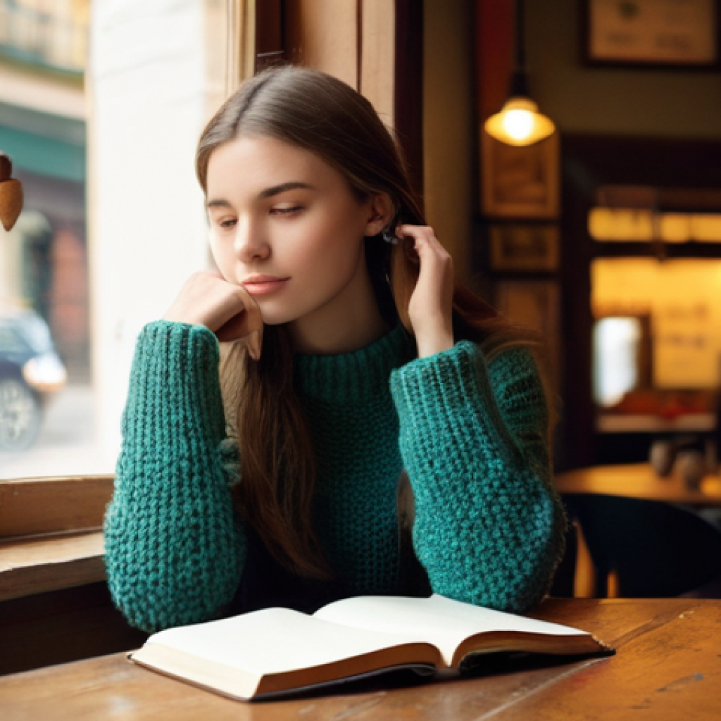 스토리텔러와 스토리 리서치 기법 - **Prompt:** A stylish young woman, embodying a creative blogger, sits thoughtfully at a small, rusti...