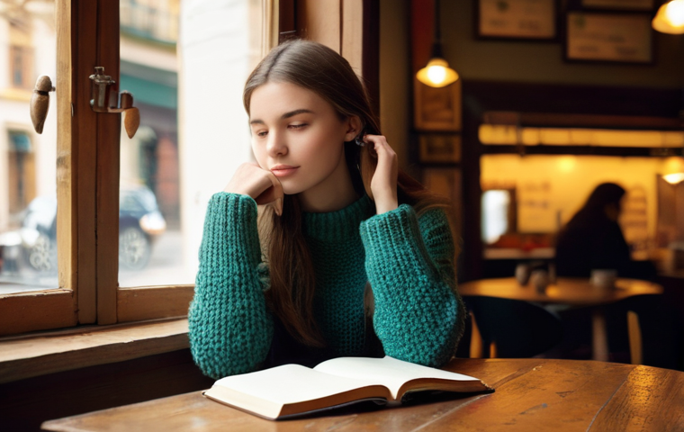 스토리텔러와 스토리 리서치 기법 - **Prompt:** A stylish young woman, embodying a creative blogger, sits thoughtfully at a small, rusti...