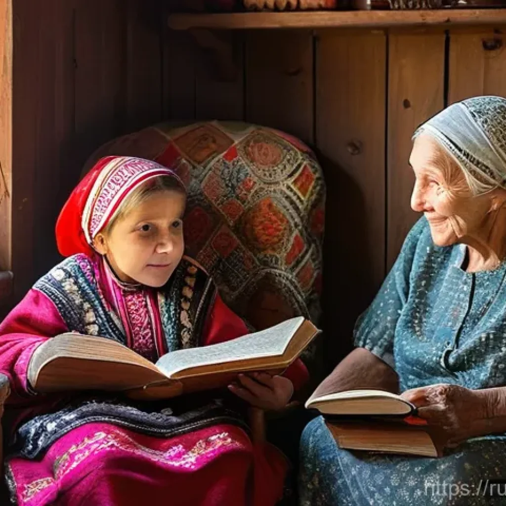 스토리텔러와 문화적 이야기의 중요성 - **A heartwarming scene of intergenerational storytelling in a traditional Russian home.** An elderly...