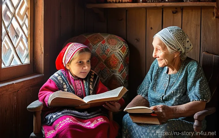 스토리텔러와 문화적 이야기의 중요성 - **A heartwarming scene of intergenerational storytelling in a traditional Russian home.** An elderly...