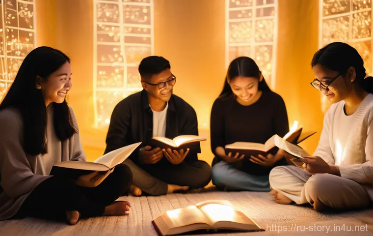 스토리텔러가 참여한 글로벌 스토리 프로젝트 - **Prompt:** A diverse group of people from various cultures and age groups (adults and teens fully c...