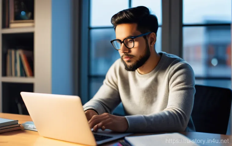 스토리텔러 관련 직업의 도전 과제 - **Prompt:** A young, thoughtful content creator, approximately 30 years old, sitting at a modern des...