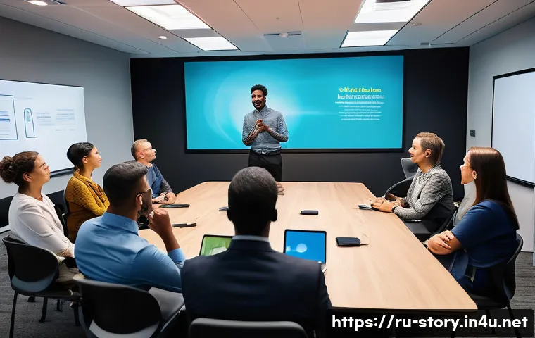 스토리텔러로서 스토리 구성을 잘하는 방법 - A professional storytelling workshop scene in a modern conference room filled with diverse adults at...