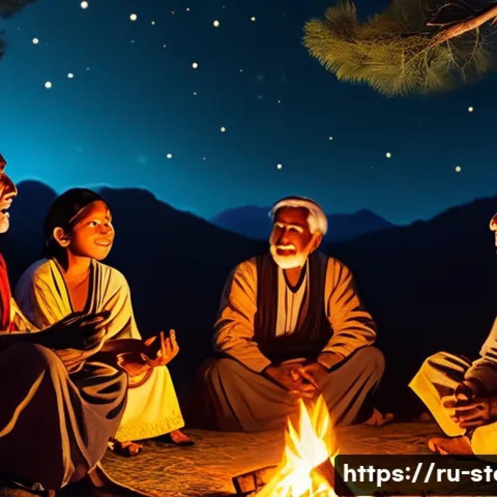 스토리텔러와 스토리텔링의 역사 - A cozy ancient tribal scene at night, elders sitting around a large campfire under a starry sky, tel...
