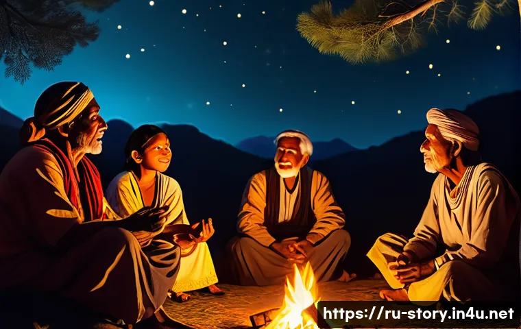 스토리텔러와 스토리텔링의 역사 - A cozy ancient tribal scene at night, elders sitting around a large campfire under a starry sky, tel...