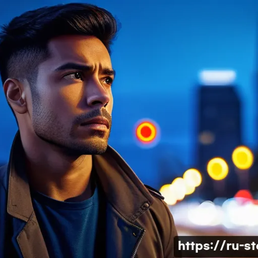 스토리텔러가 알아야 할 심리학 기초 - A thoughtful male hero standing at a crossroads in a modern urban environment, wearing casual but ne...