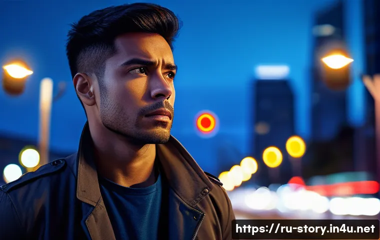 스토리텔러가 알아야 할 심리학 기초 - A thoughtful male hero standing at a crossroads in a modern urban environment, wearing casual but ne...