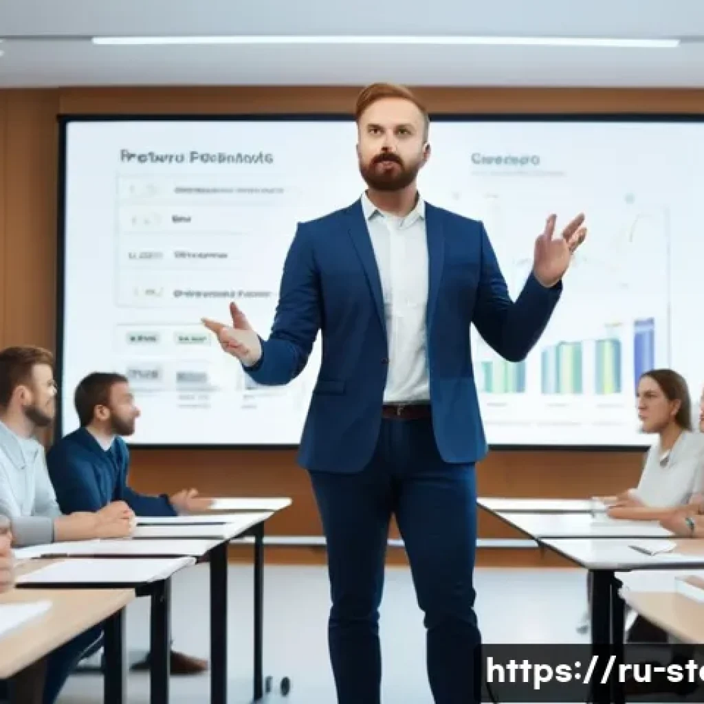 스토리텔러 자격증과 관련된 준비 과정과 성공 전략 분석과 연구 - A professional storyteller giving a dynamic presentation in a modern conference room filled with att...