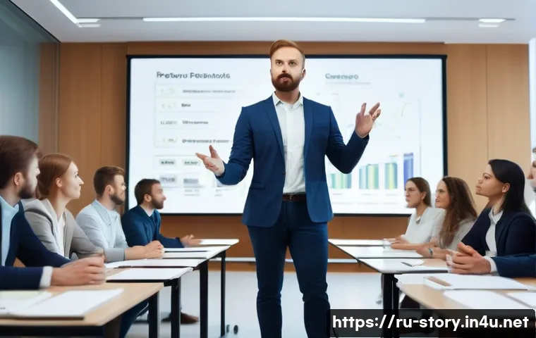 스토리텔러 자격증과 관련된 준비 과정과 성공 전략 분석과 연구 - A professional storyteller giving a dynamic presentation in a modern conference room filled with att...
