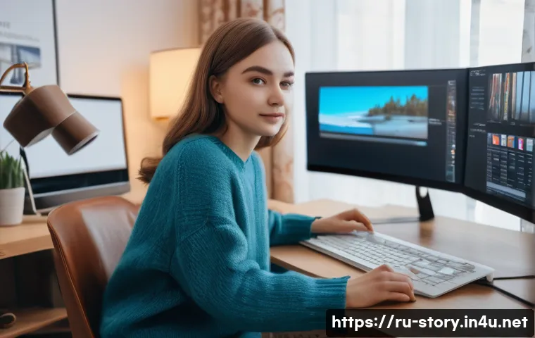 스토리텔러 관련 직무와 관련된 최신 트렌드 - A modern Russian content creator workspace scene showing a young adult woman with light skin and bro...