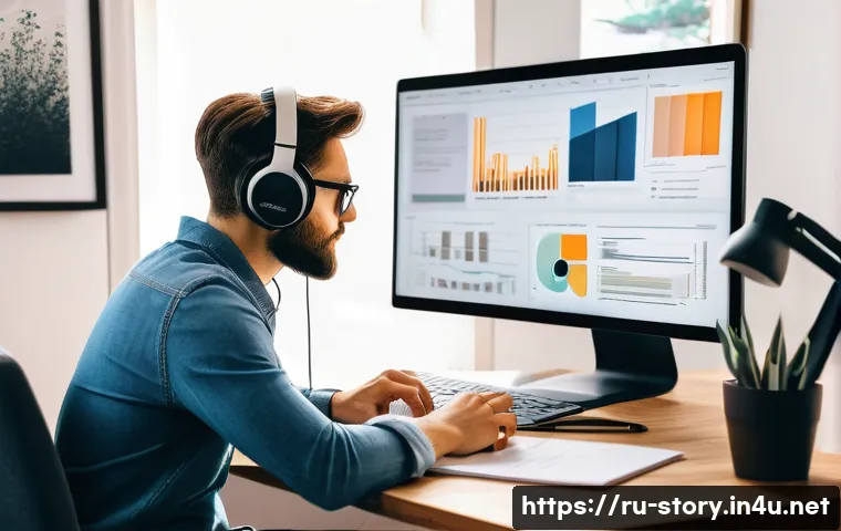 스토리텔러 관련 직업과 스토리 제작 방법과 사례 분석과 연구와 전략 - A modern digital storyteller at work in a cozy, stylish home office filled with natural light, multi...