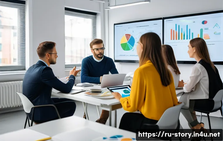스토리텔러가 경험하는 주요 도전 과제 - A modern office scene showing a diverse group of young Russian professionals attentively engaging in...