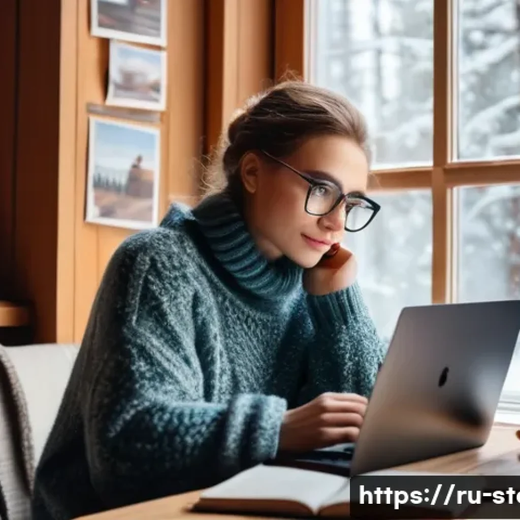 스토리텔러 직무의 성공적인 진입 사례 - A cozy, modern home office scene featuring a young Russian storyteller sitting at a wooden desk with...