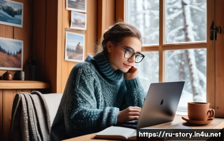 스토리텔러 직무의 성공적인 진입 사례 - A cozy, modern home office scene featuring a young Russian storyteller sitting at a wooden desk with...