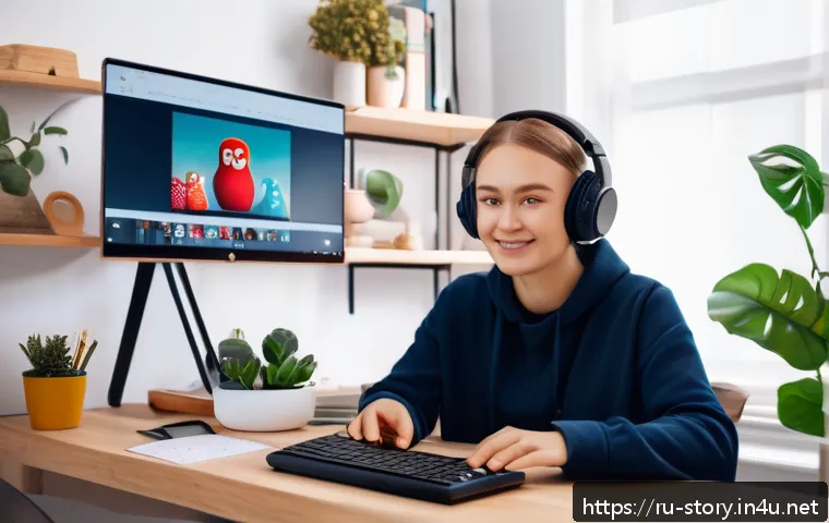 스토리텔러 직업과 관련된 다양한 성장 가능성 분석 - A modern digital storytelling workspace featuring a young Russian content creator sitting at a sleek...