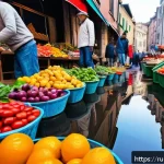 스토리텔러 직무에서의 창의적 사고 적용법 - A vibrant urban street scene from an unusual low-angle perspective, capturing the intricate details ...