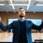 스토리텔러 실기 시험의 주요 평가 요소와 전략 분석 - A confident public speaker in a modern conference room, addressing a diverse audience of young Russi...