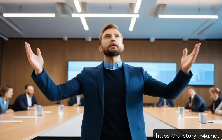 스토리텔러 실기 시험의 주요 평가 요소와 전략 분석 - A confident public speaker in a modern conference room, addressing a diverse audience of young Russi...