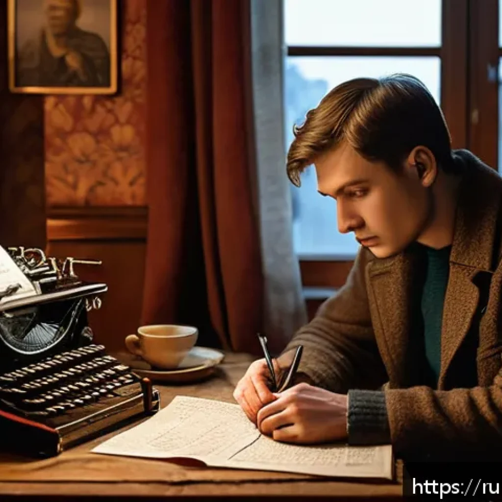 스토리텔러와 영화 스토리텔링의 차이 - A thoughtful Russian screenwriter sitting at a vintage wooden desk in a cozy Moscow apartment, surro...