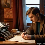 스토리텔러와 영화 스토리텔링의 차이 - A thoughtful Russian screenwriter sitting at a vintage wooden desk in a cozy Moscow apartment, surro...