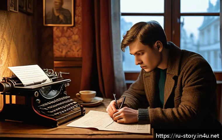 스토리텔러와 영화 스토리텔링의 차이 - A thoughtful Russian screenwriter sitting at a vintage wooden desk in a cozy Moscow apartment, surro...