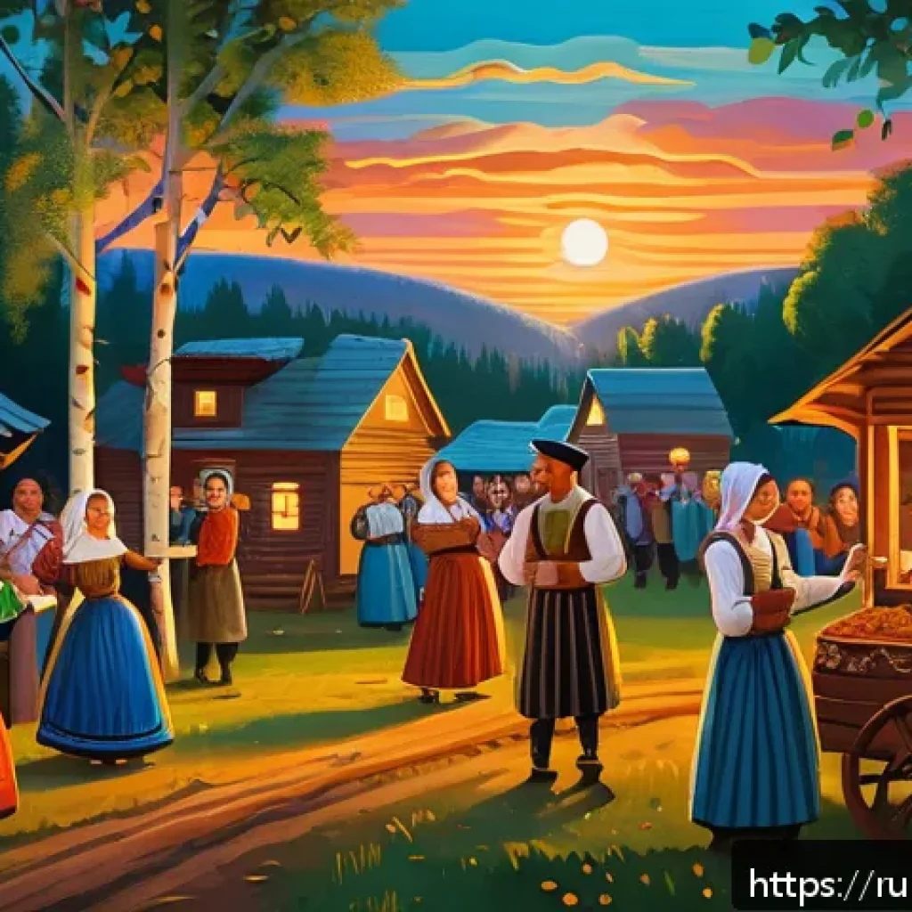 스토리텔러가 주목해야 할 문화적 차이와 이야기 - A rich, atmospheric scene depicting a traditional Russian village festival at dusk, with a diverse g...