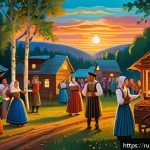 스토리텔러가 주목해야 할 문화적 차이와 이야기 - A rich, atmospheric scene depicting a traditional Russian village festival at dusk, with a diverse g...
