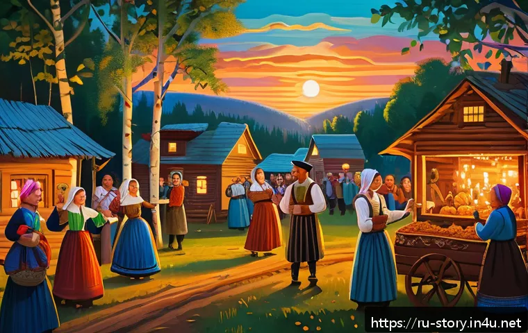 스토리텔러가 주목해야 할 문화적 차이와 이야기 - A rich, atmospheric scene depicting a traditional Russian village festival at dusk, with a diverse g...