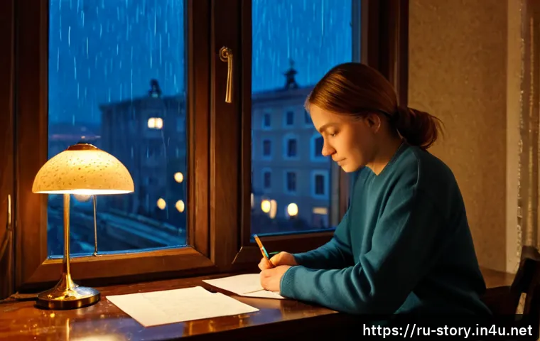 Home 17 스토리텔러와 창작 과정의 중요성 - Photorealistic Russian storyteller in a cozy Moscow apartment, seated at a wooden desk beside a rain...