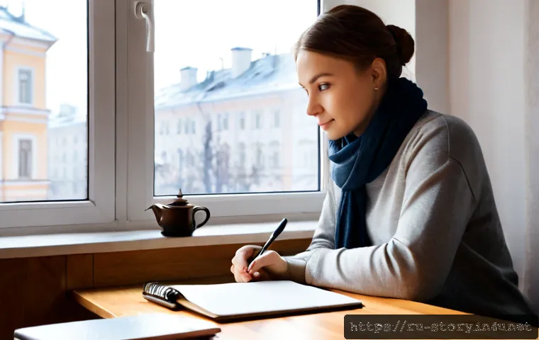 Home 17 스토리텔러 온라인 교육 플랫폼 추천 - Photorealistic home-learning scene for aspiring storytellers: a Russian-speaking adult at a tidy woo...