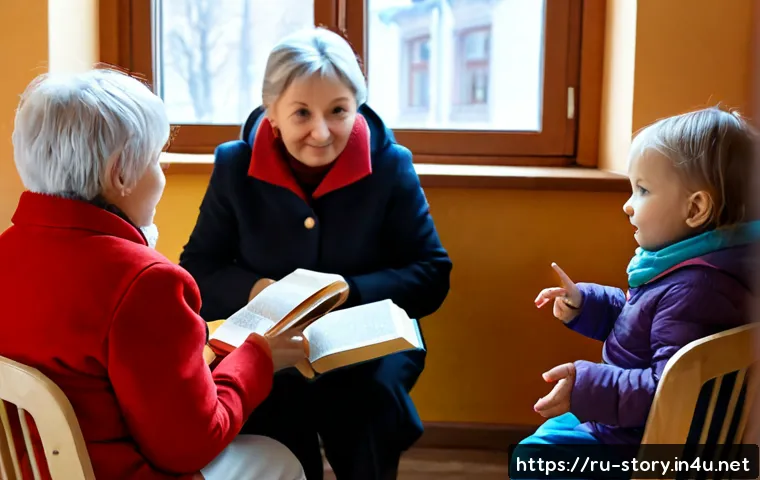 스토리텔러 직업의 사회적 기여 가능성 - Photorealistic community library workshop in a Russian city, a warm middle-aged storyteller seated i...