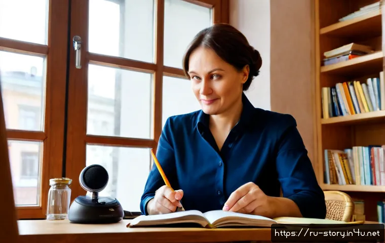 Home 17 스토리텔러 자격증 취득 과정의 성공 사례와 전략 - Photorealistic Russian woman in her early 40s preparing for a storytelling certification at a tidy M...