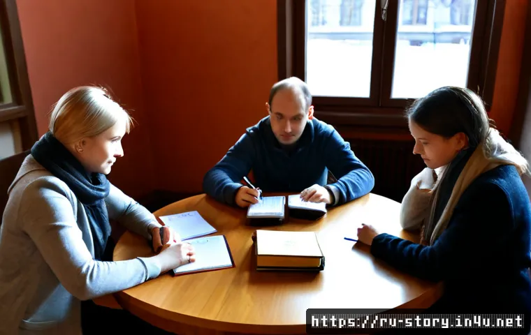 Home 30 스토리텔러 자격증 준비 스터디 그룹 운영법 - Photorealistic study group for storyteller certification preparation in a cozy Moscow public library...