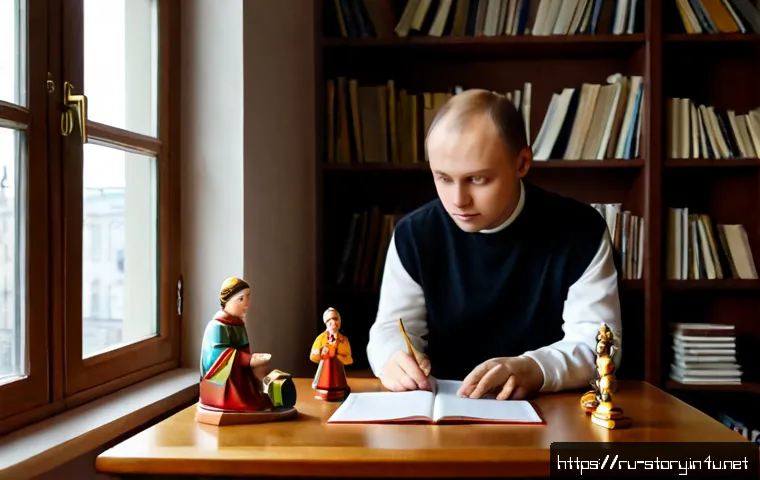 Home 17 스토리텔러 필수 이론 정리 - Photorealistic cinematic scene of a Russian storyteller in a warm Moscow apartment study, arranging ...
